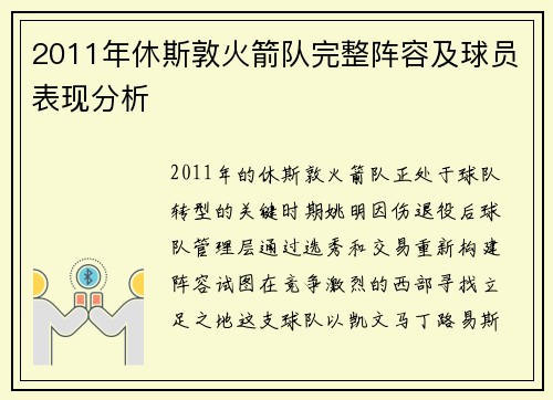 2011年休斯敦火箭队完整阵容及球员表现分析