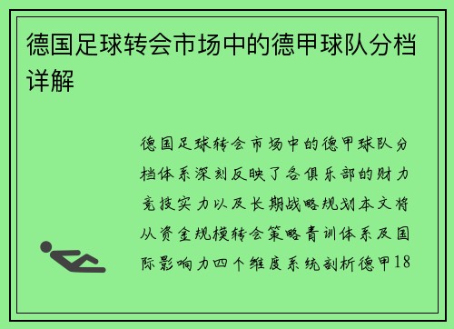 德国足球转会市场中的德甲球队分档详解