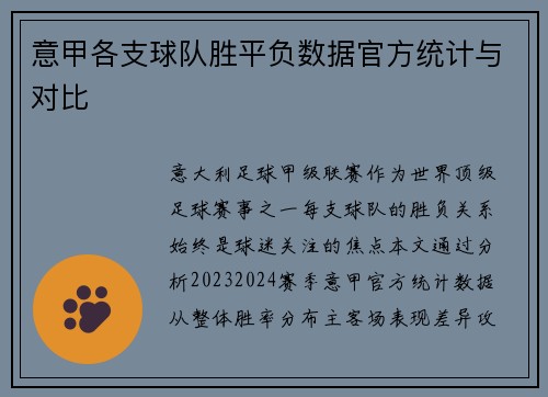 意甲各支球队胜平负数据官方统计与对比