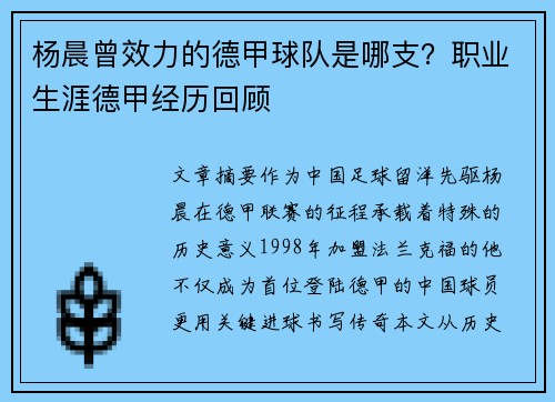 杨晨曾效力的德甲球队是哪支？职业生涯德甲经历回顾